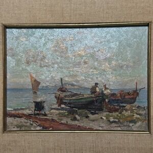 ILIO GIANNACCINI Original Painting Italian Impressionist "Pescatori a Napoli…"‎